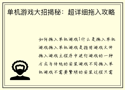 单机游戏大招揭秘：超详细拖入攻略